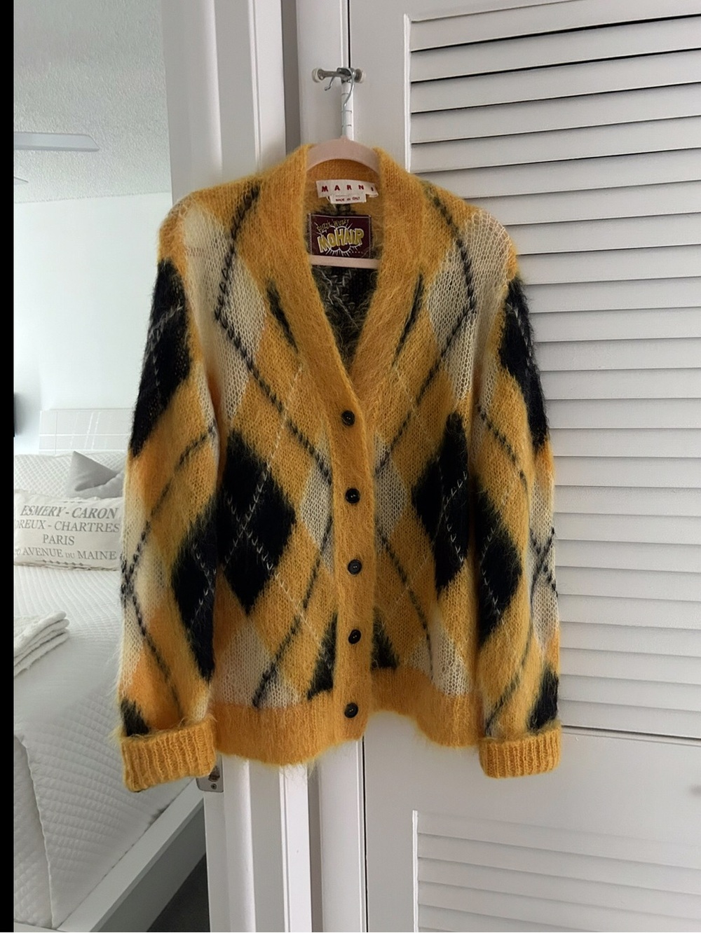 Marni Yellow & Black Argyle 
Mohair Cardigan